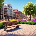 **Vibrant Community Plaza:**  A revitalized town square with colorful flower gardens, comfortable benches, and warm lighting.  People are enjoying the space, creating a lively and welcoming atmosphere. This represents urban revitalization through crowdfunding.