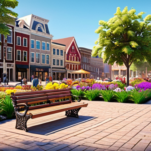 **Vibrant Community Plaza:**  A revitalized town square with colorful flower gardens, comfortable benches, and warm lighting.  People are enjoying the space, creating a lively and welcoming atmosphere. This represents urban revitalization through crowdfunding.