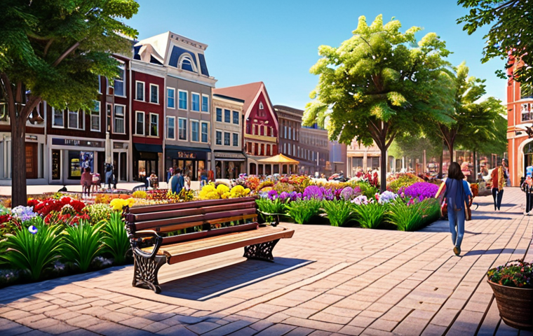 **Vibrant Community Plaza:**  A revitalized town square with colorful flower gardens, comfortable benches, and warm lighting.  People are enjoying the space, creating a lively and welcoming atmosphere. This represents urban revitalization through crowdfunding.