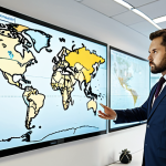A focused professional, in a modest business suit, standing in a modern, brightly lit office. They are intently reviewing a large digital world map displaying complex supply chain routes and analytical data on multiple screens. The pose is natural and contemplative, emphasizing strategic planning and risk assessment for a global crowdfunding project. The overall scene conveys determination and foresight in navigating potential challenges. fully clothed, appropriate attire, safe for work, perfect anatomy, correct proportions, professional, well-formed hands, natural body proportions, high quality photography.