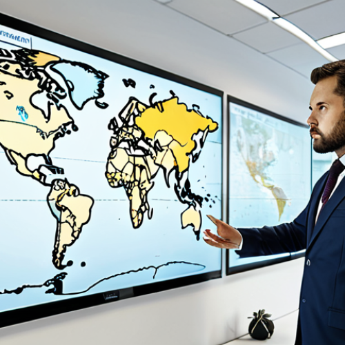 Home 6 A focused professional, in a modest business suit, standing in a modern, brightly lit office. They are intently reviewing a large digital world map displaying complex supply chain routes and analytical data on multiple screens. The pose is natural and contemplative, emphasizing strategic planning and risk assessment for a global crowdfunding project. The overall scene conveys determination and foresight in navigating potential challenges. fully clothed, appropriate attire, safe for work, perfect anatomy, correct proportions, professional, well-formed hands, natural body proportions, high quality photography.