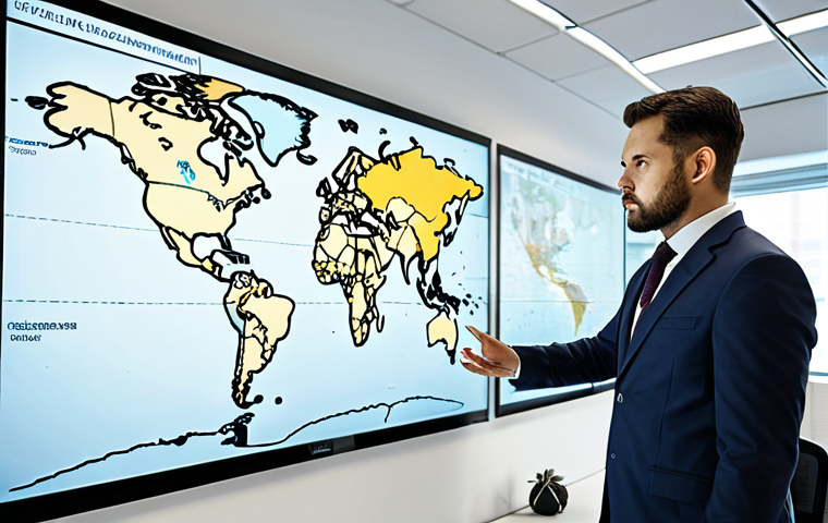 A focused professional, in a modest business suit, standing in a modern, brightly lit office. They are intently reviewing a large digital world map displaying complex supply chain routes and analytical data on multiple screens. The pose is natural and contemplative, emphasizing strategic planning and risk assessment for a global crowdfunding project. The overall scene conveys determination and foresight in navigating potential challenges. fully clothed, appropriate attire, safe for work, perfect anatomy, correct proportions, professional, well-formed hands, natural body proportions, high quality photography.