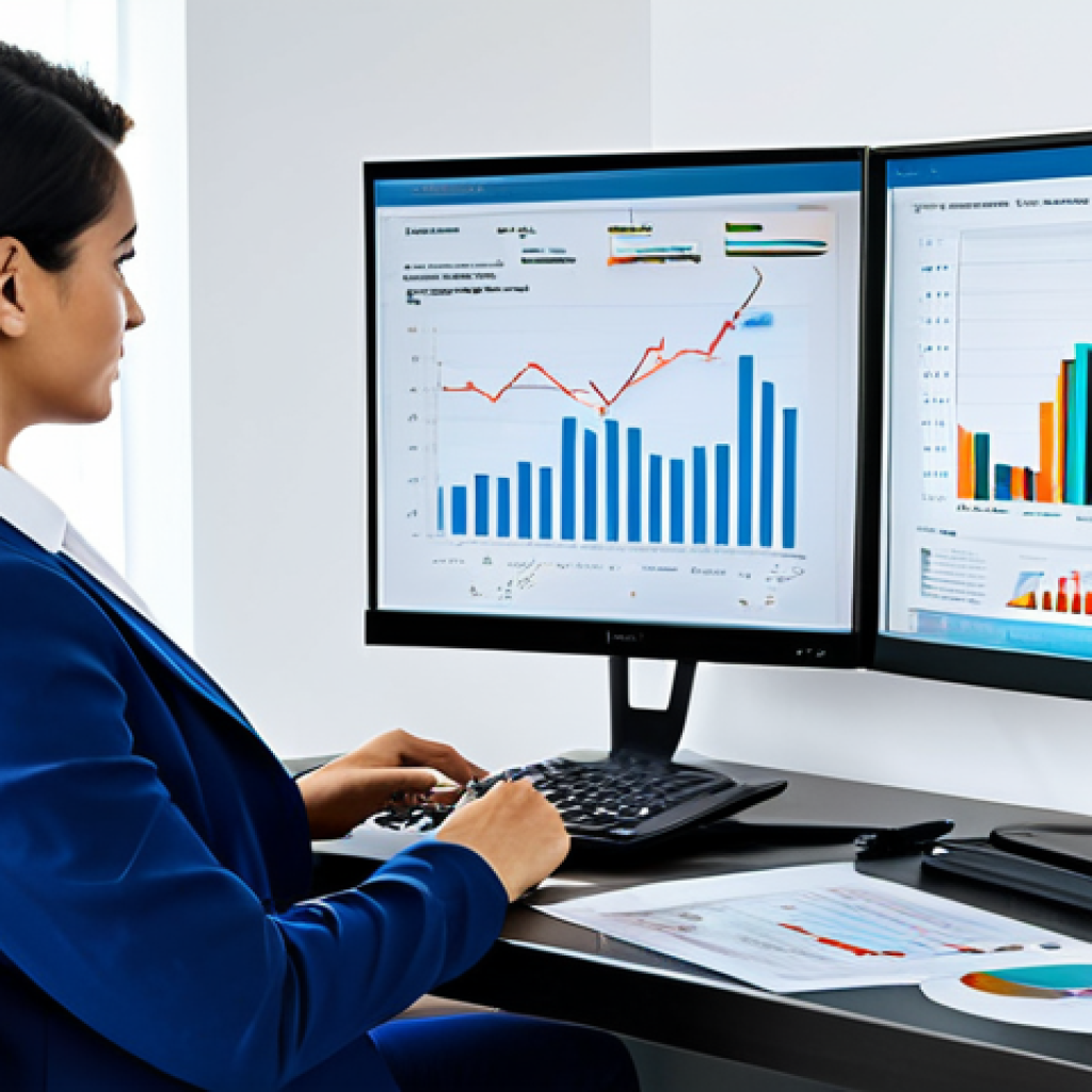 Financial Analysis & Growth**
"A brightly lit, modern office with a businesswoman in a professional suit reviewing charts and graphs displayed on a large monitor. The graphs show positive growth trends. Papers with financial data are neatly arranged on her desk. Emphasis on professionalism, data accuracy, and a positive investment outlook. Fully clothed, appropriate attire, safe for work, financial report, business environment, well-formed hands, natural proportions, professional."
**