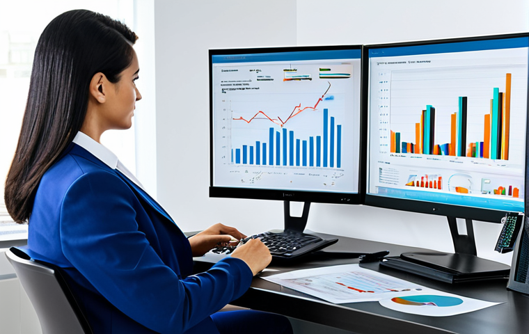 Financial Analysis & Growth**
"A brightly lit, modern office with a businesswoman in a professional suit reviewing charts and graphs displayed on a large monitor. The graphs show positive growth trends. Papers with financial data are neatly arranged on her desk. Emphasis on professionalism, data accuracy, and a positive investment outlook. Fully clothed, appropriate attire, safe for work, financial report, business environment, well-formed hands, natural proportions, professional."
**