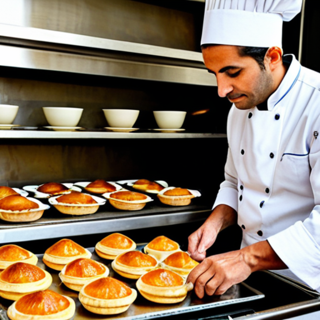 Traditional Portuguese Cookbook**
"A beautifully photographed, fully clothed chef in a traditional Portuguese kitchen, preparing Pasteis de Nata. The scene is warm and inviting, showcasing fresh ingredients and rustic decor. Focus on the pastry being prepared. High-quality photography, perfect anatomy, correct proportions, natural pose, professional, modest, safe for work, appropriate content, fully clothed, family-friendly."
**