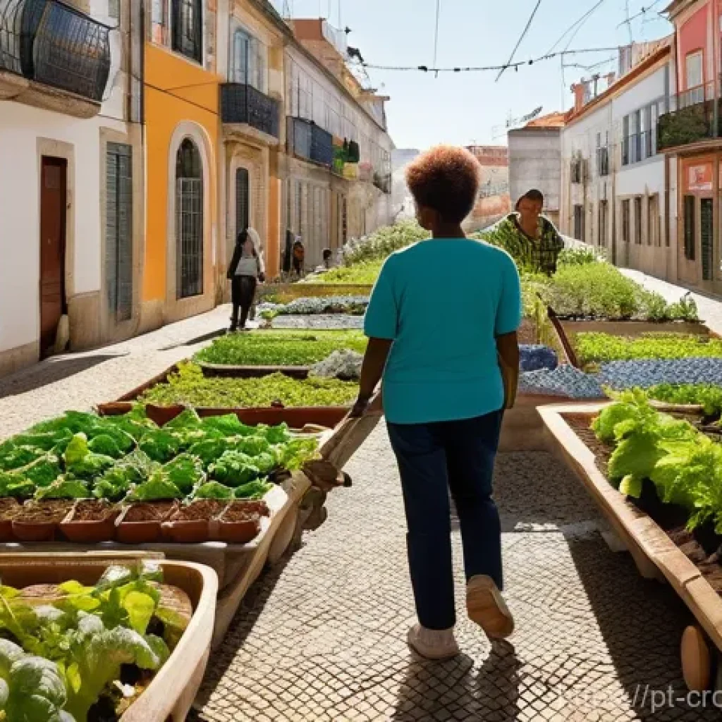 크라우드펀딩의 글로벌 동향 및 비교 - **Prompt:** A vibrant community garden in a sunny neighborhood of Lisbon, Portugal. Diverse individu...