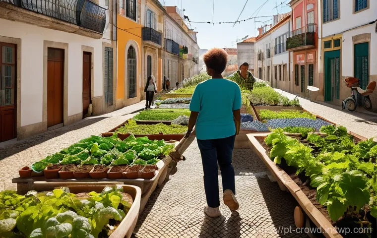 크라우드펀딩의 글로벌 동향 및 비교 - **Prompt:** A vibrant community garden in a sunny neighborhood of Lisbon, Portugal. Diverse individu...