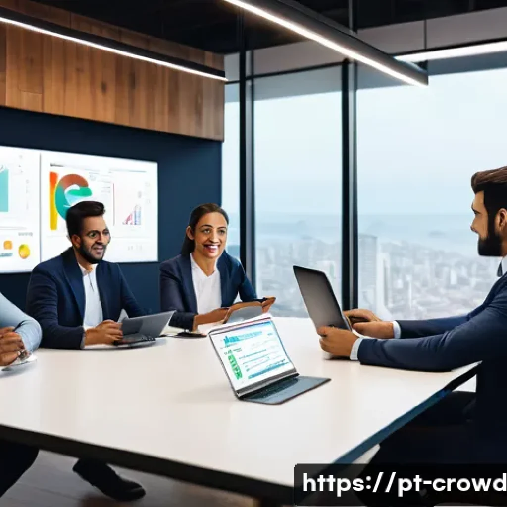 크라우드펀딩 투자자들이 알아야 할 최신 법규 - A modern crowdfunding platform office scene featuring diverse Brazilian investors and entrepreneurs ...