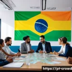 Home 22 크라우드펀딩 플랫폼에서의 투자 유치 과정 - A professional crowdfunding meeting scene in Brazil, featuring diverse entrepreneurs and investors d...
