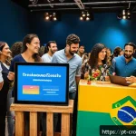 Home 18 사회적 기업을 위한 크라우드펀딩 전략 - A vibrant crowdfunding campaign launch event in Brazil, featuring a diverse group of socially engage...